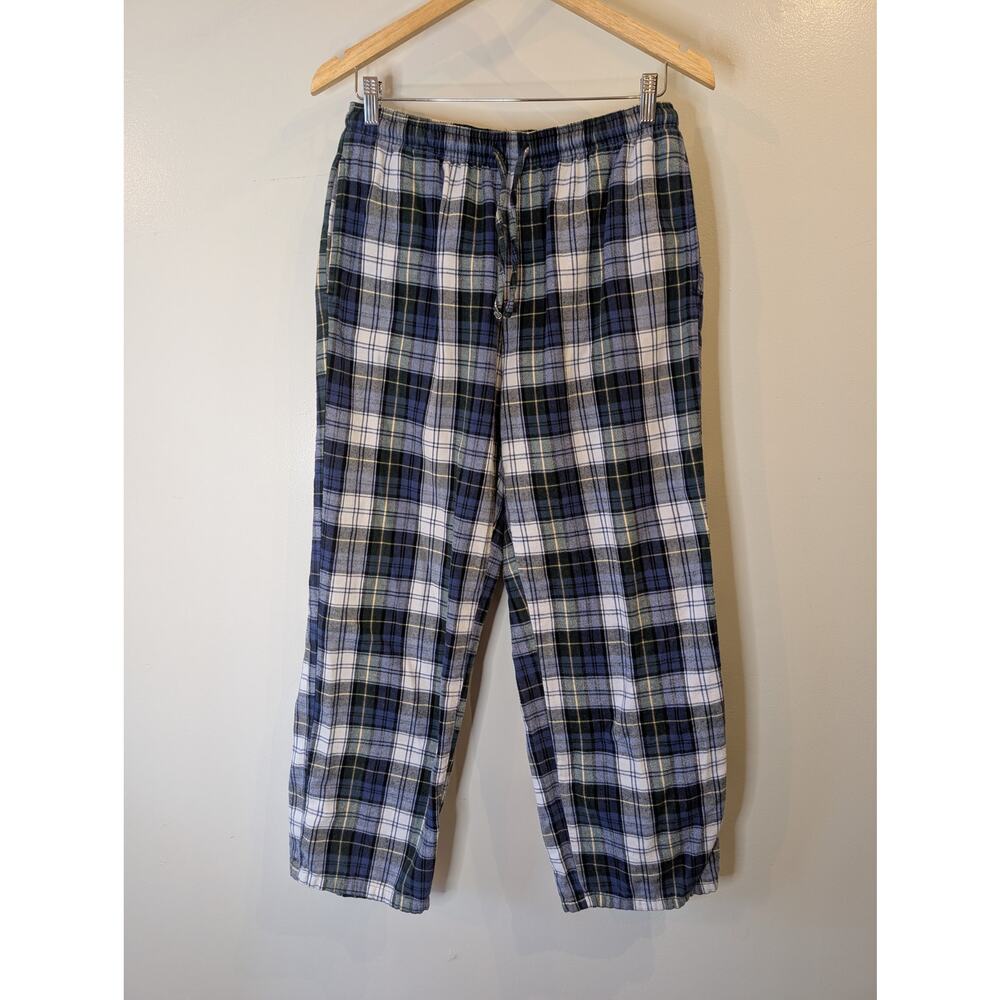 L.L. Bean Flannel Plaid Lounge Pants Blue Green Tartan Cotton Size M 30